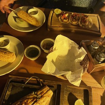 La Caleta - Shrimp tacos, empty bowl of chips (haha) elote and grilled fish - Seafood Near Me - Puerto Aventuras, YUC