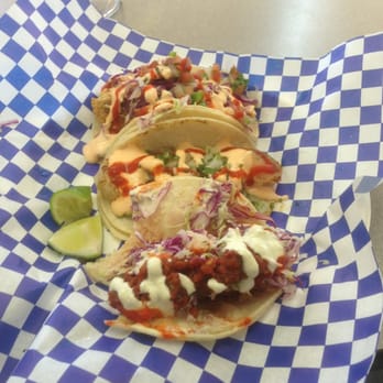 Scratch Cookery - Taco Trio: fried fish, shrimp, and spicy fish. Technically it's all spicy with sriracha on top - Food Trucks Near Me - San Jose, California Scratch Cookery - Taco Trio: fried fish, shrimp, and spicy fish. Technically it's all spicy with sriracha on top - Food Trucks Near Me - San Jose, California