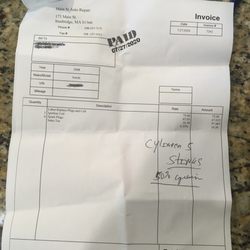 Our bill for a car that died right after it left the parking lot.