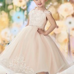 Tres Elegant - Satin tulle and lace tea length designer flower girl dress perfect for any flower girl.