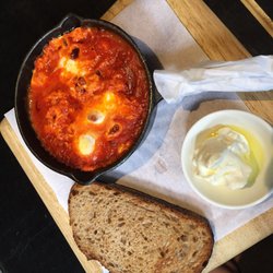 Three Doors Down - Shakshuka--dish of poached eggs in sauce of tomatoes, chili peppers and onions