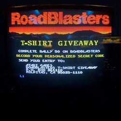 Arcade 2084 - Road Blasters! Complete rally 50 and record the secret code to get a T-shirt after you mail in to Atari!