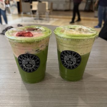 Xanti's Coffee - Iced Strawberry Matcha Crème Latte & Ice Banana Crème Latte with oat-milk - Coffee & Tea Near Me - Palm Desert, California Xanti's Coffee - Iced Strawberry Matcha Crème Latte & Ice Banana Crème Latte with oat-milk - Coffee & Tea Near Me - Palm Desert, California