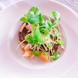 Gaumenkitzel - Hirsch-Sogu mit Apfelstreifen und Kräuterseiblinge