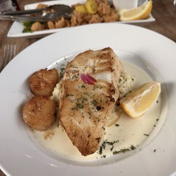 Salt on Mass - Sea bass with Parmesan risotto and 2 seared scallops. Fantastic - Seafood Near Me - Indianapolis, Indiana Salt on Mass - Sea bass with Parmesan risotto and 2 seared scallops. Fantastic - Seafood Near Me - Indianapolis, Indiana