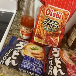 Thai American Market - Udon noodle packs, spicy shrimp chips and Thai sweet chili sauce