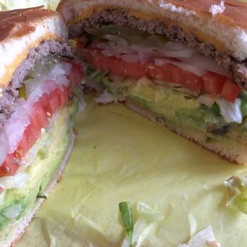 Lucky Boy - Cross section of avocado cheeseburger. Looks better than it taste. - Burgers Near Me - Pasadena, California