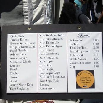 Indonesia Day - Borobudur's side dish & drinks menu. Excluding the drinks, I only recognize 4 items. - Festivals Near Me - San Francisco, California