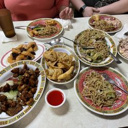 Laie Chop Suey - Minute chicken with cake noodles, honey walnut shrimp, fried wontons, chicken low mien, chicken fried rice.