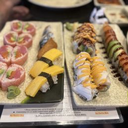 Valentine Roll on the left, Sweet Egg, Godzilla Roll, White Dragon Roll, Caterpillar Roll on the right. All fresh and delicious!