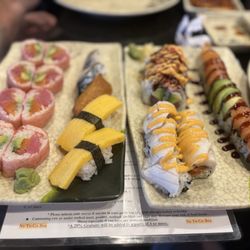 Endless Hibachi And Sushi - Valentine Roll on the left, Sweet Egg, Godzilla Roll, White Dragon Roll, Caterpillar Roll on the right. All fresh and delicious!