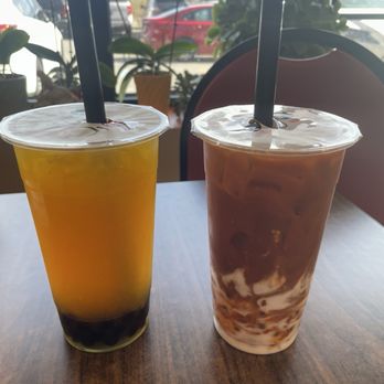 Vegan Bowl - Thai Tea w/popping boba (right), & Mango Green Tea w/boba (left). - Vegan Near Me - West Jordan, Utah Vegan Bowl - Thai Tea w/popping boba (right), & Mango Green Tea w/boba (left). - Vegan Near Me - West Jordan, Utah