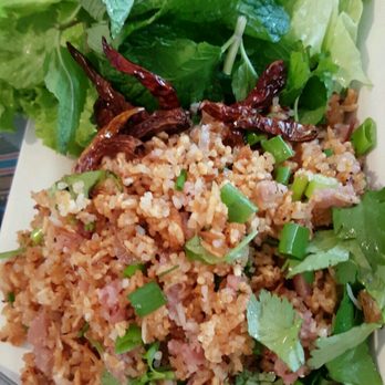 Thai Village - Nhem kao sticky fried rice with Laotian sausage and fresh veggies also spicy - Thai Near Me - Honolulu, Hawaii Thai Village - Nhem kao sticky fried rice with Laotian sausage and fresh veggies also spicy - Thai Near Me - Honolulu, Hawaii