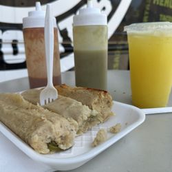 Some tamales - cheese, chicken, and pork and pineapple Agua Fresca (of the day)