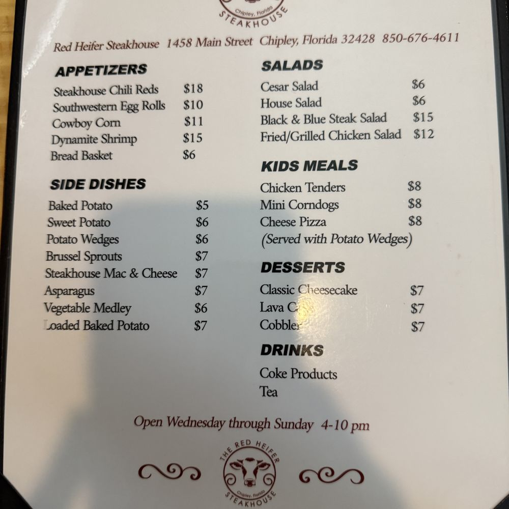 The Red Heifer Steakhouse - Menu 1 - Steakhouses Near Me - Chipley, Florida The Red Heifer Steakhouse - Menu 1 - Steakhouses Near Me - Chipley, Florida