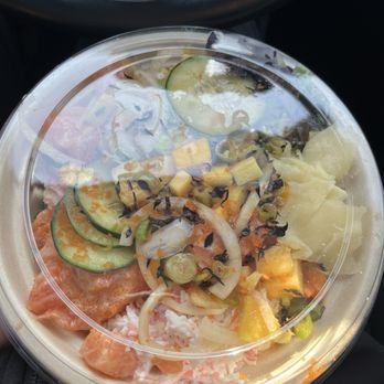Poké House - Alameda - 3 scoops protein (2 spicy salmon, 1 Plain) half and half base salad and sushi rice - Seafood Near Me - Alameda, California
