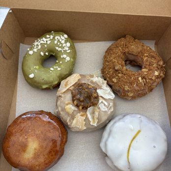 Level 5 Donuts - Matcha white chocolate, baklava, strawberry rhubarb crisp, creme brulee, raspberry orange blossom - Donuts Near Me - Madison, Wisconsin