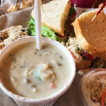 Ridley's Bakery Cafe - Strawberry chicken salad sandwich on Asiago and creamy chicken and wild rice soup - Bakeries Near Me - Troy, Michigan