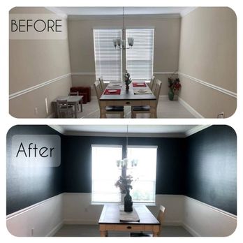 Spectrum Trim and Paint - Before and after SW Extra White and SW Sea Serpent paint. - Painters Near Me Spectrum Trim and Paint - Before and after SW Extra White and SW Sea Serpent paint. - Painters Near Me