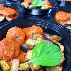 Italian Meatballs in Homemade Sauce with Roasted Eggplant