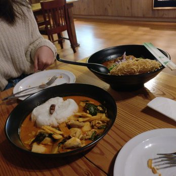 Habrae - Kanom-Jeen Nam Ya Kang Kai (left with the white noodles) and Khao Soy (right in the deeper bowl) - Thai Near Me - Forest Park, Illinois Habrae - Kanom-Jeen Nam Ya Kang Kai (left with the white noodles) and Khao Soy (right in the deeper bowl) - Thai Near Me - Forest Park, Illinois