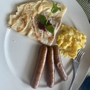 Inn at Wawanissee Point - Crepes with lingonberry jam, scrambled eggs and sausage - YUM - Bed & Breakfast Near Me - Baraboo, Wisconsin Inn at Wawanissee Point - Crepes with lingonberry jam, scrambled eggs and sausage - YUM - Bed & Breakfast Near Me - Baraboo, Wisconsin