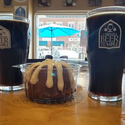 Chocolate chocolate chip cake at beer temple with a coffee beer.