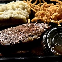 Left: Mashed potatoes & gravy Right: onions straws Bottom: tri- tip. This meat melts in your mouth The cornbread has real ingredients. Left: Mashed potatoes & gravy Right: onions straws Bottom: tri- tip. This meat melts in your mouth The cornbread has real ingredients.
