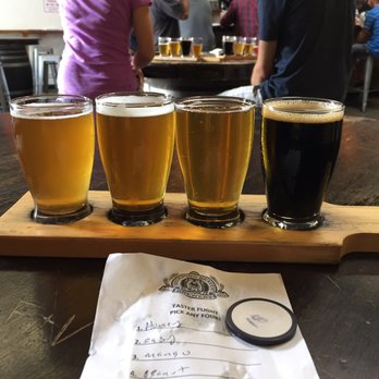 Belching Beaver Pub 980 - From left to right Honey ale..Easy..Mango IPA and Peanut Butter my Favorite - Brewpubs Near Me - Vista, California