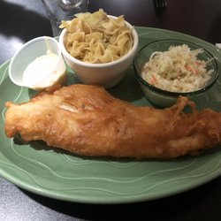 Seaway Diner & Smokehouse - Fish fry - thin and crispy with cabbage noodles and cole slaw.