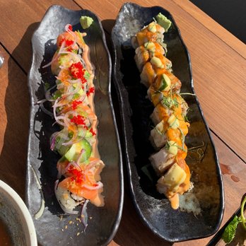 Kaiyo Rooftop - Kaiyo roll (left), Lima roll (right) - Peruvian Near Me - San Francisco, California Kaiyo Rooftop - Kaiyo roll (left), Lima roll (right) - Peruvian Near Me - San Francisco, California