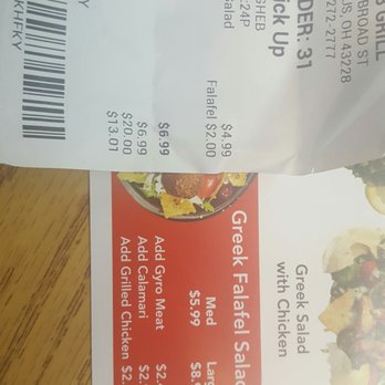 Kabob Grill - Got Greek falafel salad, CLEARLY is $5.99. Cashier says $6.99, I show her menu sitting on their counter, says the prices change. Illegal! - Mediterranean Near Me - Columbus, Ohio