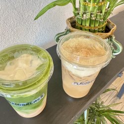 Match and iced coffee