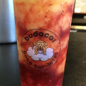Budacai - Mangonada with strawberry popping boba and strawberry hearts - Asian Fusion Near Me - Raleigh, North Carolina