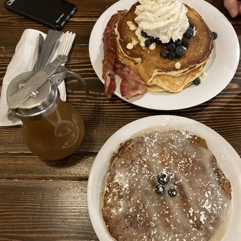 Stacked - Aggie Blueberry and Lemon Poppyseed pancakes - Breakfast & Brunch Near Me - Logan, Utah