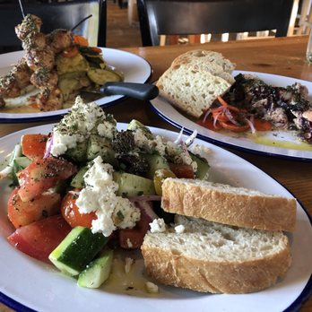 Kentro Greek Kitchen - Chicken skewers with vegetables, charbroiled octopus and Greek salad - Greek Near Me - Fullerton, California Kentro Greek Kitchen - Chicken skewers with vegetables, charbroiled octopus and Greek salad - Greek Near Me - Fullerton, California