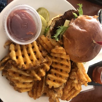 Harpoon Brewery - buttermilk brined souther fried chicken sandwich with upgraded seasoned waffle fries. - Breweries Near Me - Windsor, Vermont