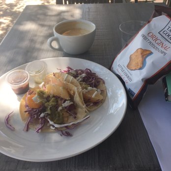 Mour Cocina | Bodega - The fish tacos, sweet potato chips and vanilla latte! Delish!! - Wine Bars Near Me - Austin, Texas
