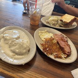 Ham and eggs, biscuits and gravy half order, and BLT with the best potato salad I've ever had.
