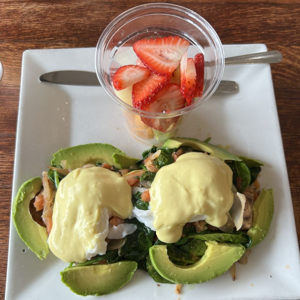 River Front Cafe - North Bay Eggs Benedict with spinach, mushrooms, tomato, avocado and onions with fresh fruit side - Cafes Near Me - Petaluma, California River Front Cafe - North Bay Eggs Benedict with spinach, mushrooms, tomato, avocado and onions with fresh fruit side - Cafes Near Me - Petaluma, California