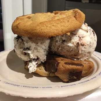 Insomnia Cookies - A cookie which $6. Peanut butter chunk and chocolate chunk cookie with eclair chocolate ice cream - Desserts Near Me - Baltimore, Maryland