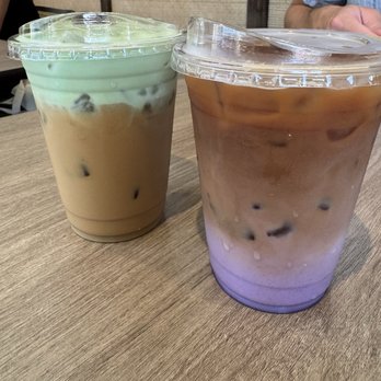 Grounded By The Collective - Pandan hojicha latte (left) and ube latte (right) - Coffee & Tea Near Me - Des Moines, Iowa