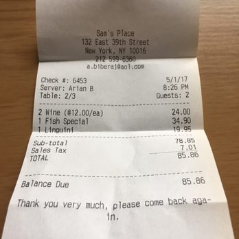 Sam's Place - Receipt, more like $$$ - Italian Near Me - New York, New York Sam's Place - Receipt, more like $$$ - Italian Near Me - New York, New York
