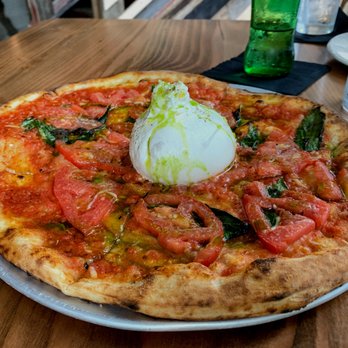 Wood Stack Pizza Kitchen - Metuchen - 'Burrata' pizza - tomatoes, basil, pesto topped with burrata - Pizza Near Me - Metuchen, New Jersey