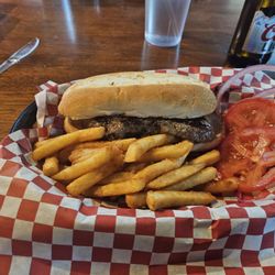Say When Casino - Steak sandwich medium rare with fries.