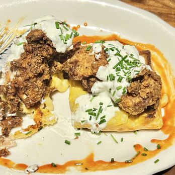 Tupelo Honey - HOME FRIED CHICKEN OVER WAFFLES WITH MAC & CHEESE IN THE MIDDLE....RANCH MIX WITH SRIRACHA SAUCE OMG DELISH!! - Southern Near Me - Franklin, Tennessee Tupelo Honey - HOME FRIED CHICKEN OVER WAFFLES WITH MAC & CHEESE IN THE MIDDLE....RANCH MIX WITH SRIRACHA SAUCE OMG DELISH!! - Southern Near Me - Franklin, Tennessee
