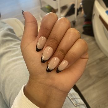Polished Nail Lounge - Gel X black French tip medium almond! - Nail Salons Near Me - Orange, California Polished Nail Lounge - Gel X black French tip medium almond! - Nail Salons Near Me - Orange, California