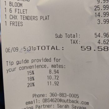 Outback Steakhouse - Receipt - Steakhouses Near Me - Vancouver, Washington Outback Steakhouse - Receipt - Steakhouses Near Me - Vancouver, Washington