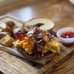 Detour Coffee - Beef bacon egg and cheese on everything bagel