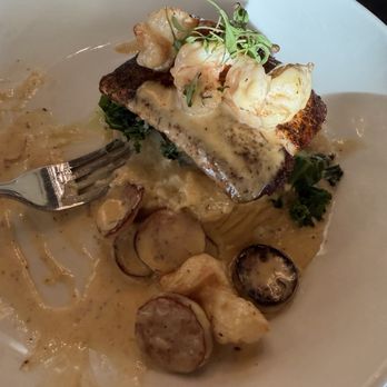 Eight Acres Kitchen & Bar - Mahi Mahi with andouille sausage and shrimp. Delicious - Bars Near Me - Brentwood, California Eight Acres Kitchen & Bar - Mahi Mahi with andouille sausage and shrimp. Delicious - Bars Near Me - Brentwood, California
